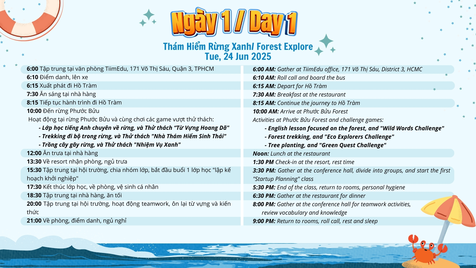lịch trình trại hè ngày 1